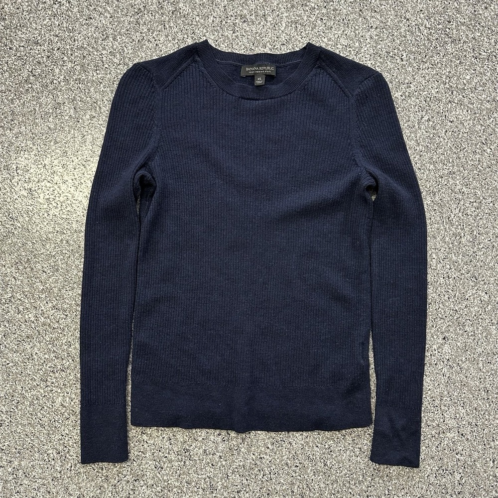 Banana Republic Merino Wool Sweater Womens XS Navy Blue LS Ribbed Crewneck